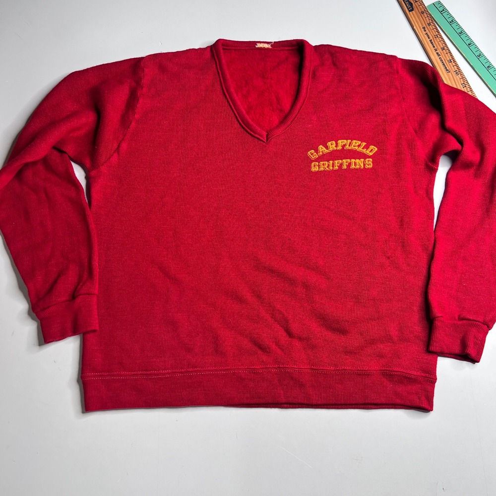 Vintage 60s Garfield Griffins V-Neck Sweatshirt Red Yellow Collegiate Pullover L